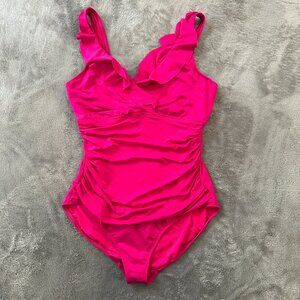 Lauren Ralph Lauren One Piece Swimsuit Women's 16 Hot Pink Ruched Modest Ruffle